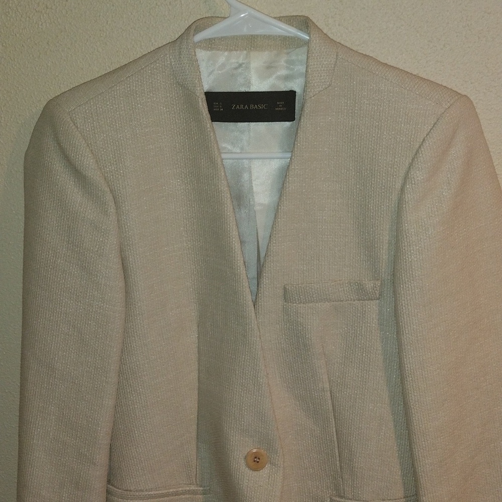 Tweed/Burlap Like Material Tan Zara Basic Blazer Preppy Old Money S - Picture 2 of 8
